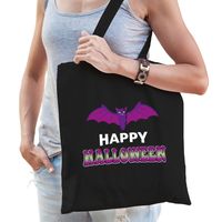 Vleermuis / happy halloween trick or treat katoenen tas/ snoep tas zwart - thumbnail