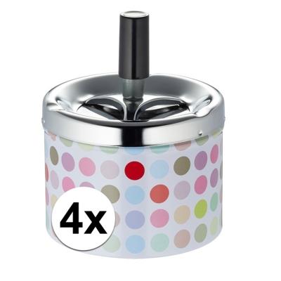 Draaiasbak - 4x - stippen - met zilveren deksel - D9 x H12 cm - metaal - asbakken