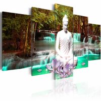 Schilderij - Nature Sanctuary , waterval , boeddha ,  groen bruin , 5 luik
