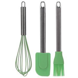 Keukengerei set - 3 stuks - garde/pannenlikker/bakkwast - groen - RVS/siliconen - Ca. 26 cm