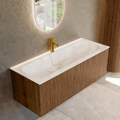 Mondiaz KURVE-DLUX 120 cm Onderkast Greeploos 1 Lade Zonder Deuren Walnut, Wastafel Solid Surface Volledig Frappe 1 Kraangat Zonder Spiegel (KRVBGL1201L0D1KM-Wal/Fra)