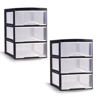 Ladeblokje/bureau organizer - 2x stuks - 3 lades - transparant/zwart - L18 x B25 x H25 cm - plastic