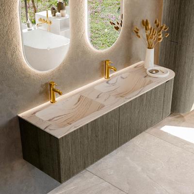 Badmeubel Mondiaz Kurve-Dlux | 155 cm | Meubelkleur Shadow | Wastafelkleur Nata | Solid surface | Dubbel / Links spoelbak | 2 kraangaten