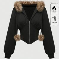 Bon&Bon Women's Grey Leopard Print Faux Fur Collar Zip Up Hoodie Black / L