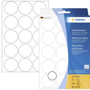 Herma 2270 Etiketten Ø 32 mm Papier Wit 480 stuk(s) Permanent hechtend Etiketten voor markeringspunten