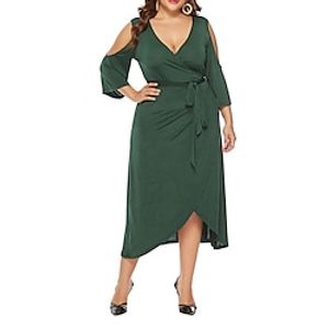 Dames Grote maten Feestjurk Cocktail jurk Bruiloft gast jurk Halflange jurk Groen Lange mouw Effen Met ruches Lente Herfst Winter V-hals Feest Winter jurk Bruiloft gast Verjaardag XL XXL 3XL 4XL 5XL Lightinthebox
