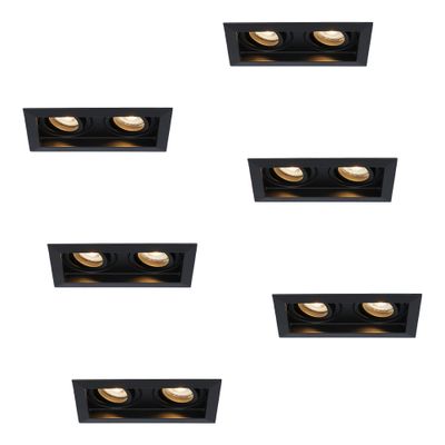 HOFTRONIC™ Set van 6 Durham Inbouwspots Dubbel Zwart - GU10 5 Watt 400 lumen - 2700K Warm wit - Kantelbaar - IP20 - Rechthoek