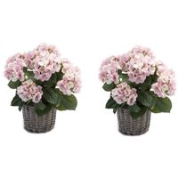 2x Kunstplanten Hortensia roze in mand 45 cm