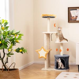 128 CM Schattige Kattenboom Kattentoren met Meerdere Verdiepingen en Sisal Krabpalen & Plank Pluche Zitstok Hangend Speelgoed