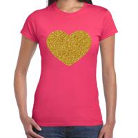 Verkleed T-shirt voor dames - roze - hartje - glitter goud - themafeest / foute party