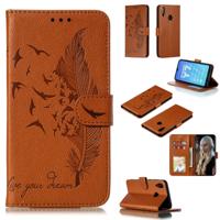 Feather patroon Litchi textuur horizontale Flip lederen draagtas met portemonnee & houder & kaartsleuven voor Huawei Y7 (2019) (bruin)