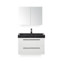 Seville Badmeubelset 80 cm - Wit Hoogglans - Wastafel Hardsteen Wit Lucca - met Spiegelkast