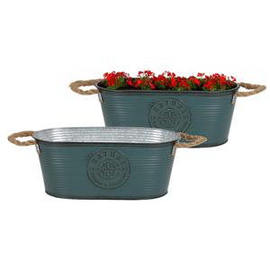 Plantenpot/bloempot teil voor buiten - 2x - zink - petrolblauw - L35 x D19 x H14 cm