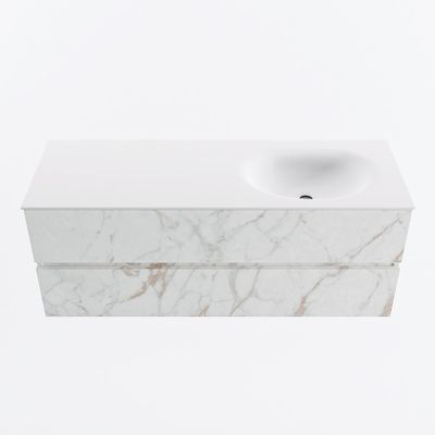 MONDIAZ VICA 130cm badmeubel onderkast Carrara 2 lades. Wastafel MOON rechts zonder kraangat, kleur Talc.
