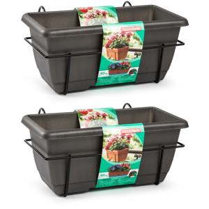Plasticforte Balkonbak - 2x - antraciet - 40 cm - plantenbak met hanger - bloembak