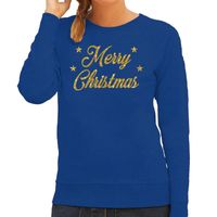 Kersttrui Merry Christmas gouden glitter letters blauw dames - thumbnail