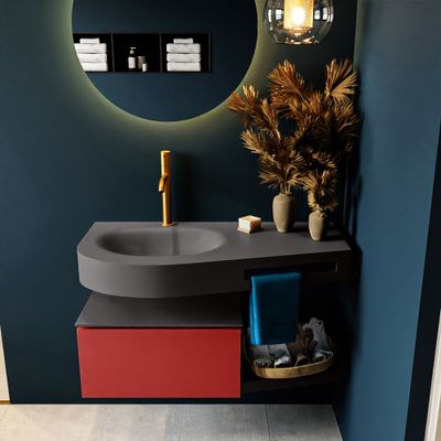 MONDIAZ RIVA 100cm badmeubel onderkast / planchet kleur Fire met 1 lade. Wastafel DULCET links 1 kraangat kleur Dark_Grey. MONDIAZ RIVA 100cm badmeubel onderkast / planchet kleur Fire met 1 lade. Wastafel DULCET links 1 kraangat kleur Dark_Grey.