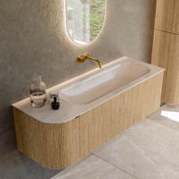 Badmeubel Mondiaz Kurve-Dlux | 135 cm | Meubelkleur Oak | Wastafelkleur Meli | Solid surface | Wasbak rechter zijde spoelbak | Zonder kraangat(en)