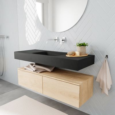 Mondiaz Alan badmeubel 120 cm washed oak 2 lades vrijhangend wastafel midden zonder kraangat zwart
