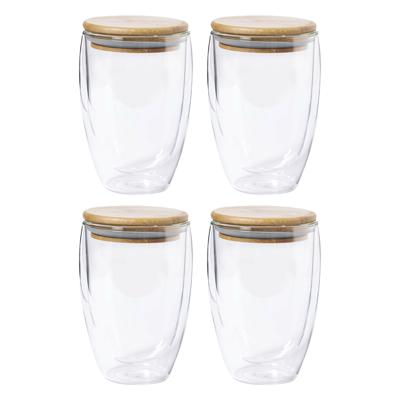 Koffieglazen - dubbelwandig - 4x stuks - 350 ml - met bamboe deksel - thermische glazen