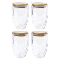 Koffieglazen - dubbelwandig - 4x stuks - 350 ml - met bamboe deksel - thermische glazen