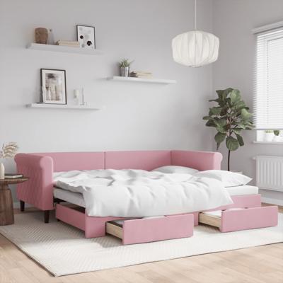 Slaapbank met onderschuifbed en lades 90x200 cm fluweel roze