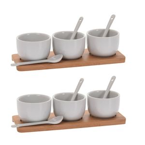 6x stuks amuse/tapas/saus schaaltjes wit 6 cm van porselein met serveerplankjes 21 cm - Snack en tapasschalen