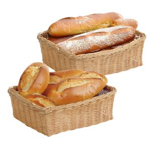 Brood/fruit mandje - 2x - gevlochten kunststof - lichtbruin - rechthoek - L32 x B26 x H11 cm - brood