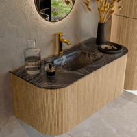 Mondiaz KURVE-DLUX 100 cm Onderkast Greeploos 1 Lade Met Deuren Oak, Wastafel Solid Surface MIdden Lava 1 Kraangat Zonder Spiegel (KRVGRU100L+R1L2D1KM-Oak/Lav)