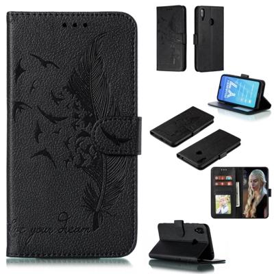 Feather patroon Litchi textuur horizontale Flip lederen draagtas met portemonnee & houder & kaartsleuven voor Huawei Y7 (2019) (zwart)
