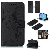 Feather patroon Litchi textuur horizontale Flip lederen draagtas met portemonnee & houder & kaartsleuven voor Huawei Y7 (2019) (zwart)