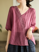 Loose V Neck Casual Cotton And Linen Blouse