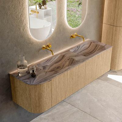 Badmeubel Mondiaz Kurve-Dlux | 155 cm | Meubelkleur Oak | Wastafelkleur Sombra | Solid surface | Dubbel / Rechts spoelbak | Zonder kraangat(en)
