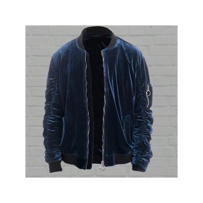 Men's Black Velour Bomber Jacket - Ruched Sleeve Streetwear Blue / L