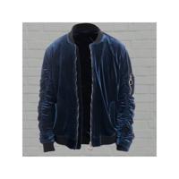 Men's Black Velour Bomber Jacket - Ruched Sleeve Streetwear Blue / L