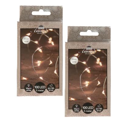 Draadverlichting - 2x - 100 led lampjes - warm wit - zilver draad - 500 cm - lichtdraad