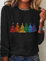 Women's Christmas Tree Cotton-Blend Crew Neck Casual Long Sleeve Shirt - thumbnail