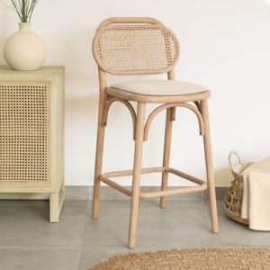 Kave Home Barkruk 'Doriane' Eikenhout en Rotan, kleur Naturel (zithoogte 65cm)