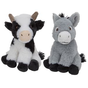 Pluche boerderijdieren knuffels Koe en Ezel setje van 19 en 16 cm