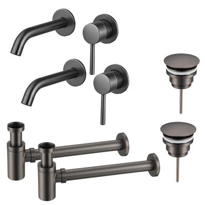 Fortifura Calvi Slim Wastafelkraanset - voor dubbele wastafel - inbouw wastafelkraan - always open plug - verlaagde design sifon - Geborsteld Gunmetal PVD 2x SW766534/2x SW769487/2x SW767295