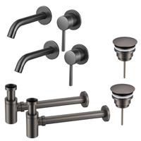 Fortifura Calvi Slim Wastafelkraanset - voor dubbele wastafel - inbouw wastafelkraan - always open plug - verlaagde design sifon - Geborsteld Gunmetal PVD 2x SW766534/2x SW769487/2x SW767295