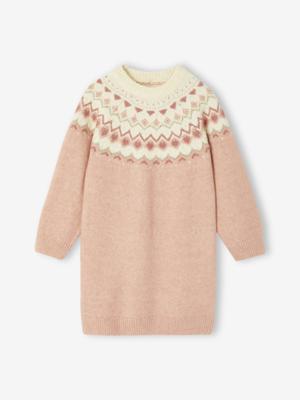 Jacquard meisjesjurk van tricotbreisel roze (poederkleur)