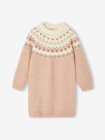 Jacquard meisjesjurk van tricotbreisel roze (poederkleur)