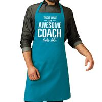 Awesome coach kado bbq/keuken schort turquoise blauw voor heren   -