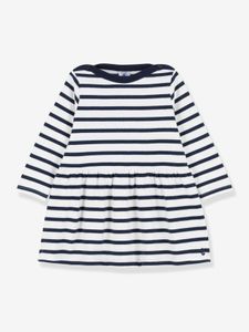 Iconische jurk met lange mouwen in dikke biologische jersey - PETIT BATEAU wit gestreept marineblauw