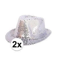 2x Zilveren trilby glitter party hoedjes met pailletten - thumbnail