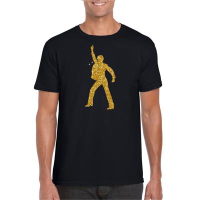 Disco verkleed t-shirt - voor heren - zwart - gouden glitter - jaren 70/80 - kleding