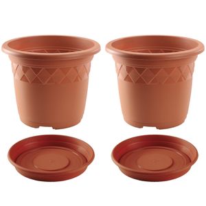 2x stuks bloempotten met onderschaal terra cotta rond diameter 29 cm