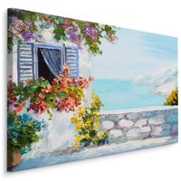 Schilderij - Grieks huis aan de zee (print op canvas), multi-gekleurd, wanddecoratie - thumbnail