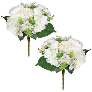 Kunstbloemen boeket roos/hortensia - 2x stuks - creme/wit - H39 cm - Bloemstuk - Bladgroen